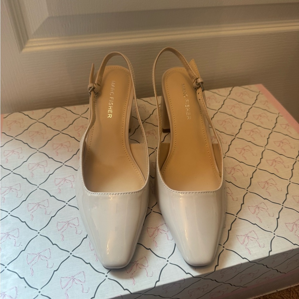 Marc Fisher Cream Patent Slingback Mules